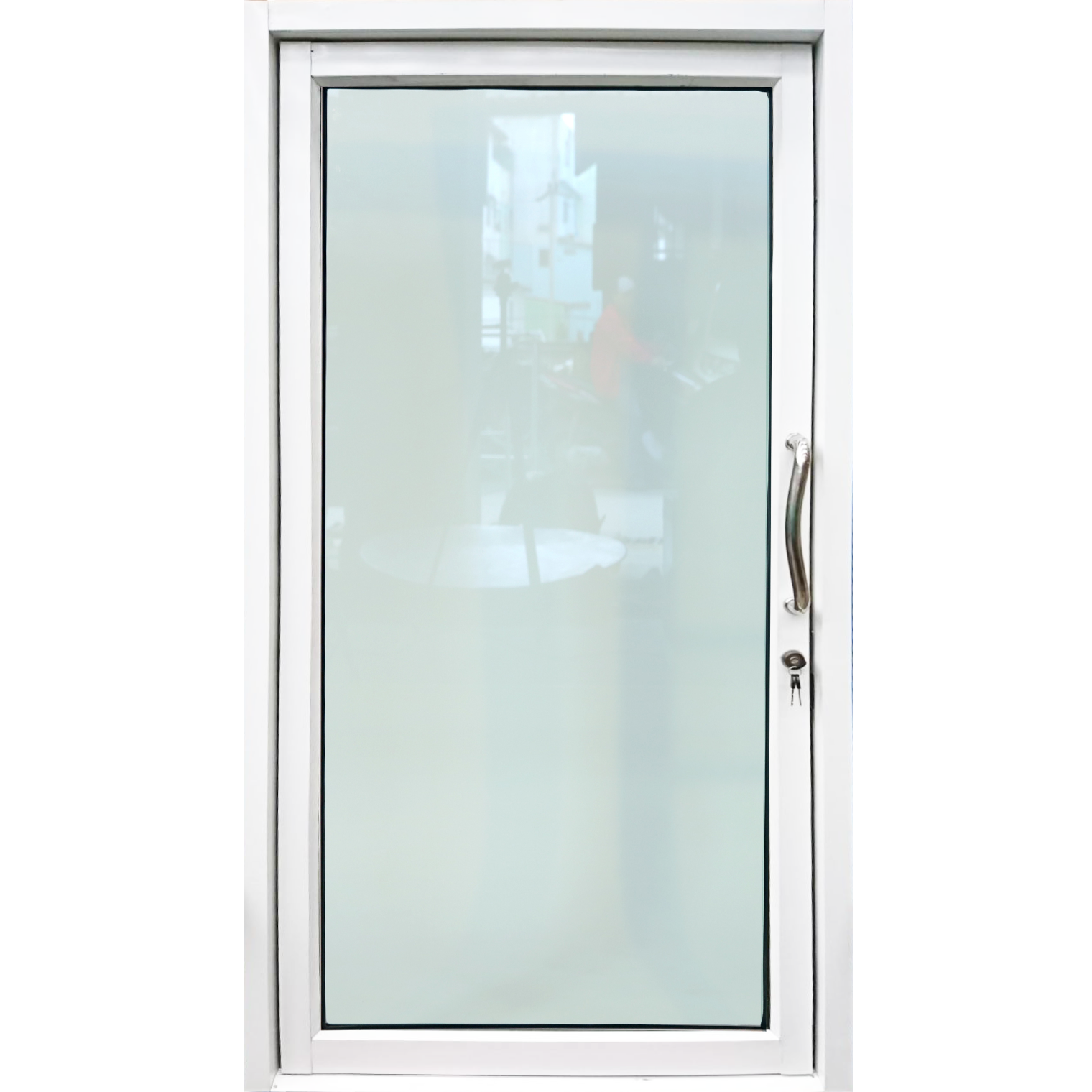 ประตูบานสวิงเดี่ยว อลูมิเนียมสีอบขาว+กระจกใสเขียว 100ซม.*205ซม.